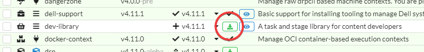 Screenshot of the catalog table with a green download button circled in red