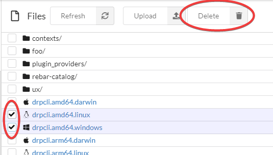 Screenshot of the the files view with both a few selected rows and the Delete button circled in red