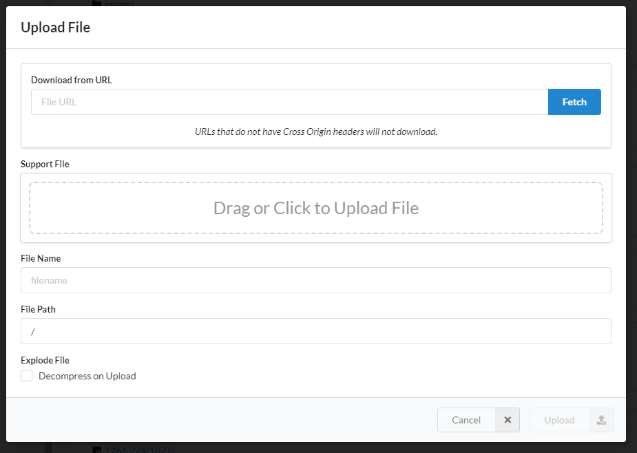 Screenshot of the upload file modal in the files view