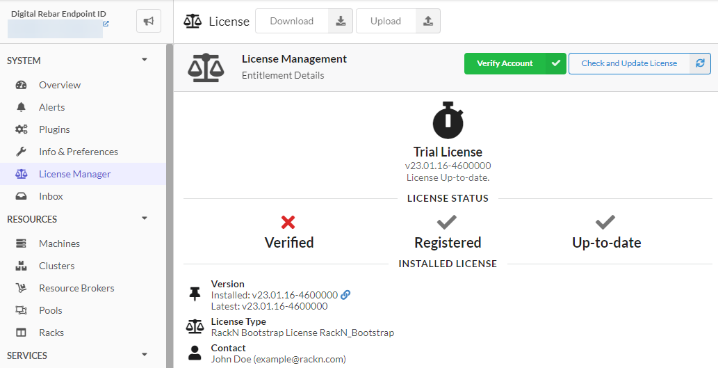 Preview of the license manager page