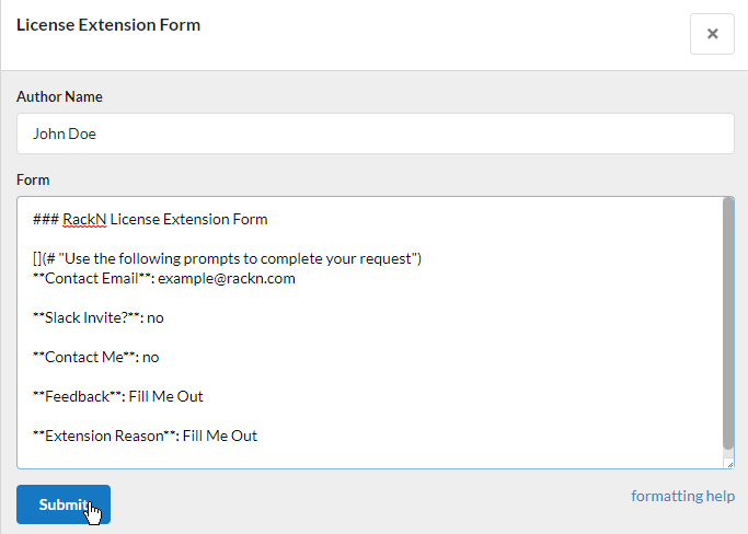 Preview of the license extension form