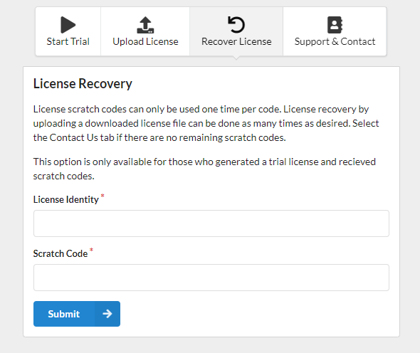 Preview of the the license recovery tab