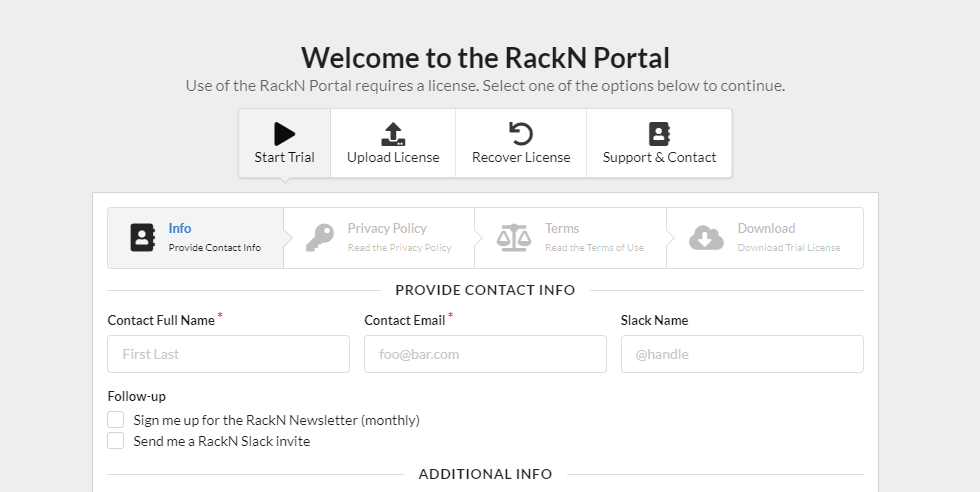 Screenshot of the RackN Portal welcome page with the Start Trial tab selected