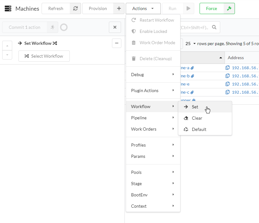 Screenshot of the bulk actions panel and dropdown inside the Machines view