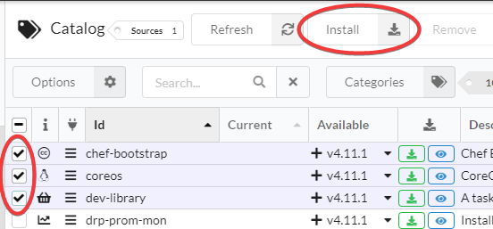 Screenshot of the catalog view with both a few selected rows and the Install action button circled in red