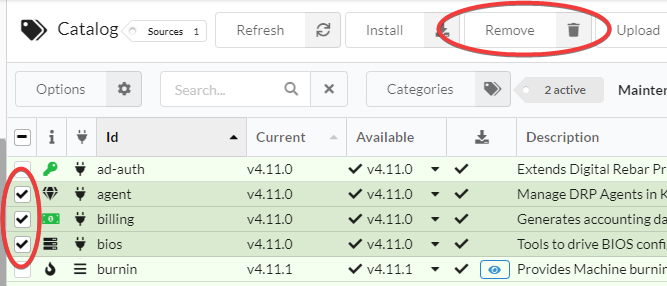 Screenshot of the catalog view with both a few selected rows and the Remove action button circled in red