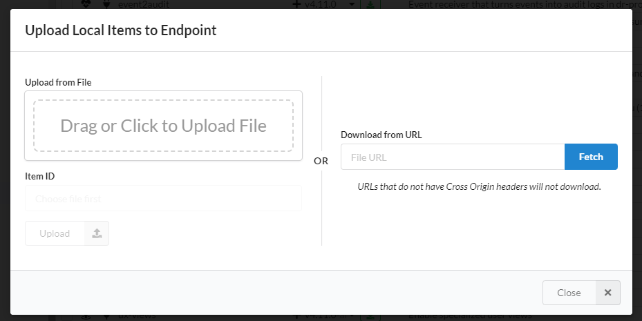Screenshot of the content upload modal in the catalog view