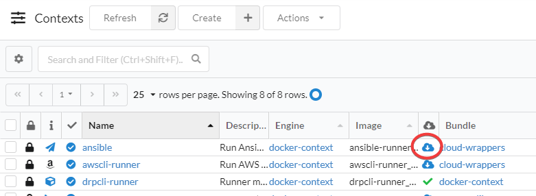 Screenshot of a download icon circled in red within the Contexts view