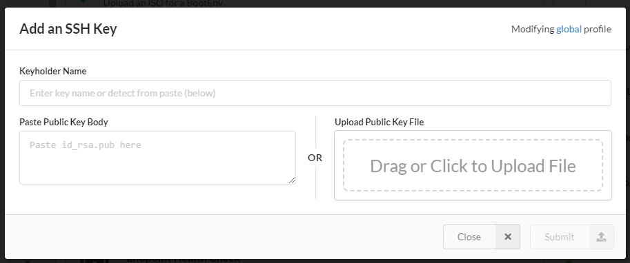 Screenshot of the Add SSH Key modal in the Info & Preferences View