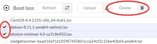 Screenshot of the the ISOs view with both a few selected rows and the Delete button circled in red