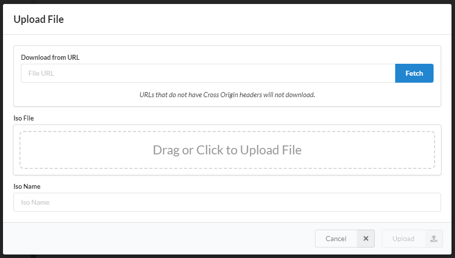 Screenshot of the upload ISO modal in the ISOs view