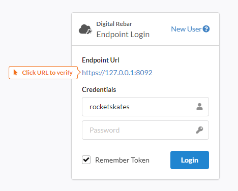 Screenshot of the login form with a label pointing towards the endpoint url that says Click URL to Verify